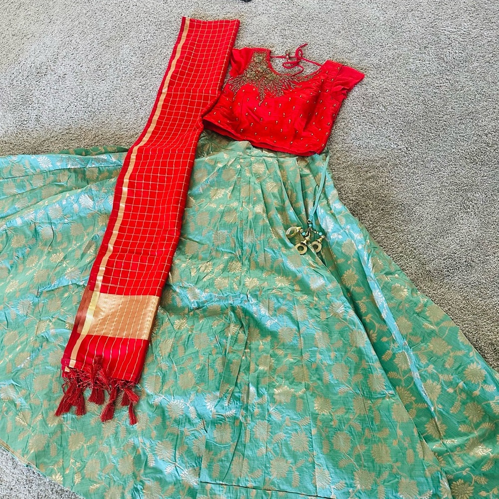 New Red and Teal Banaras lehenga with Gold Accents